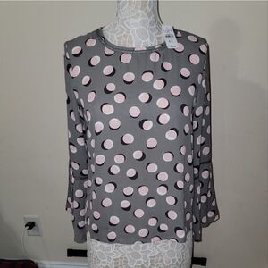 New Ann Taylor Shadow Polka-dot Gray Pink White Blouse Bell Sleeve Shirt Size XS